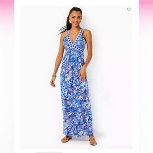 Lilly Pulitzer Serena Maxi Dress Blue Tang “Flocking Fabulous” - Size 8
